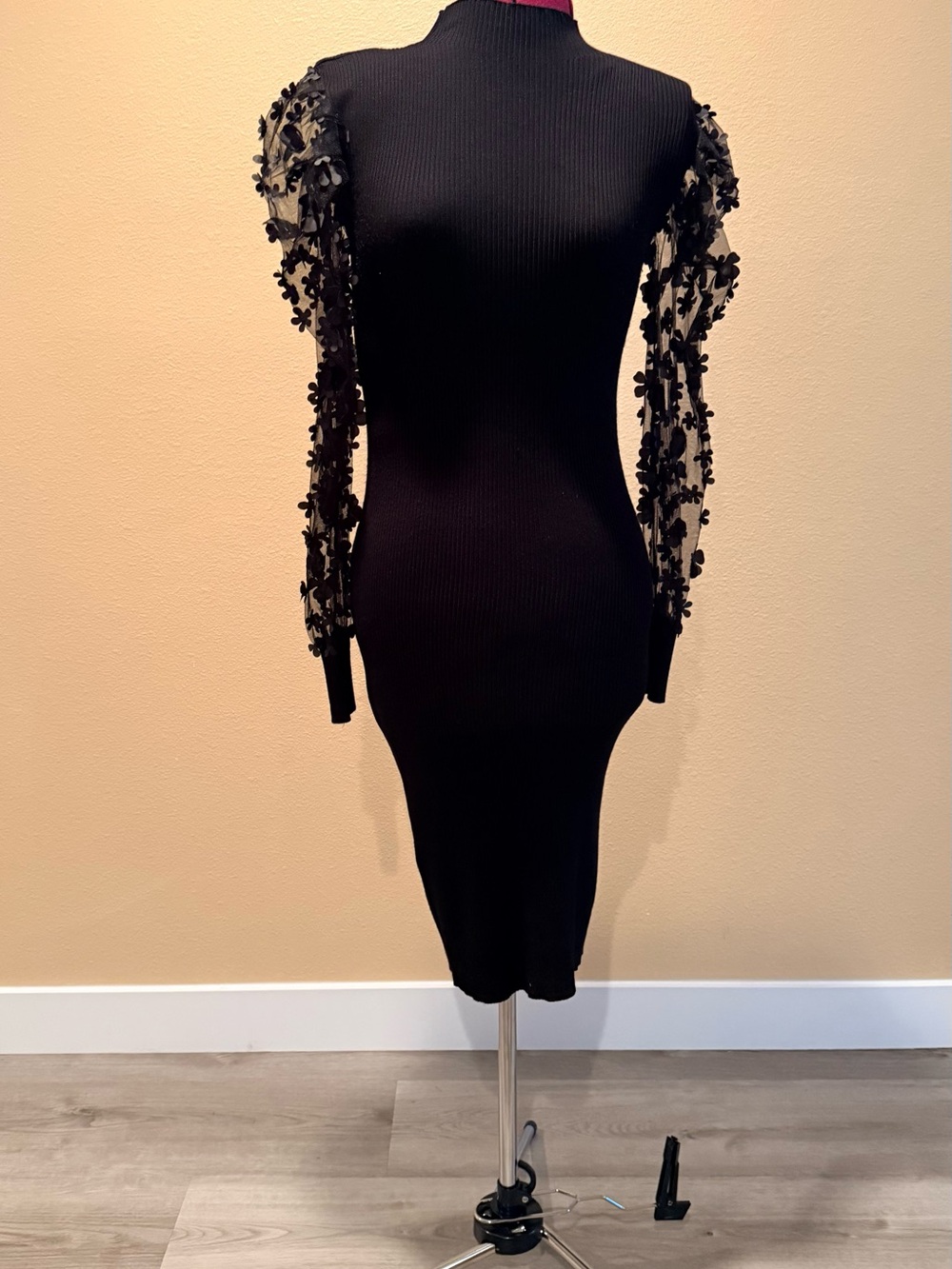 Almost Famous Black Midi Bodycon Dress with Embellished Mesh Sleeves